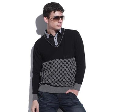 2014秋季新款襯衫領撞色薄款男針織衫 MS013-1 黑色款，時尚與舒適的完美結合